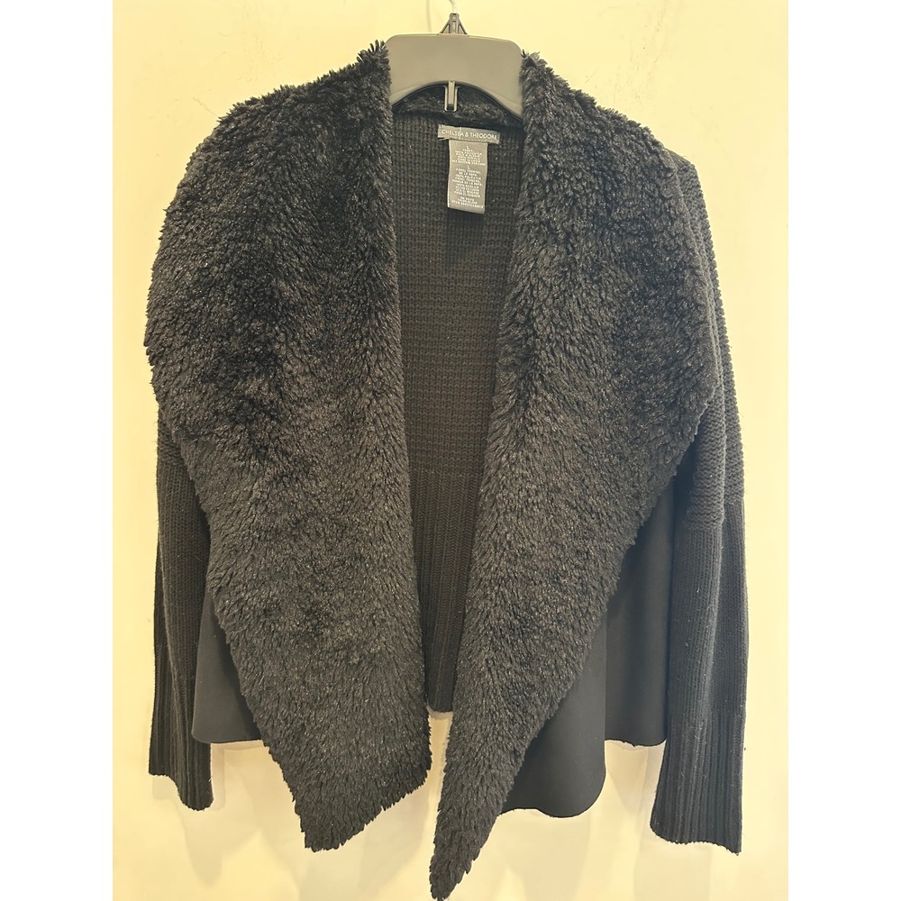 Chelsea & Theodore Black Faux Fur Shawl Collar Knit Cardigan Suede Front Large